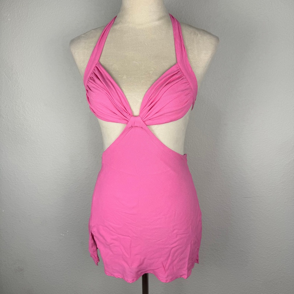 Babyboo Kamilla Mini Dress Pink Halter Cutout 3 Ties Sz XS Vibrant Summer Party - Picture 2 of 9